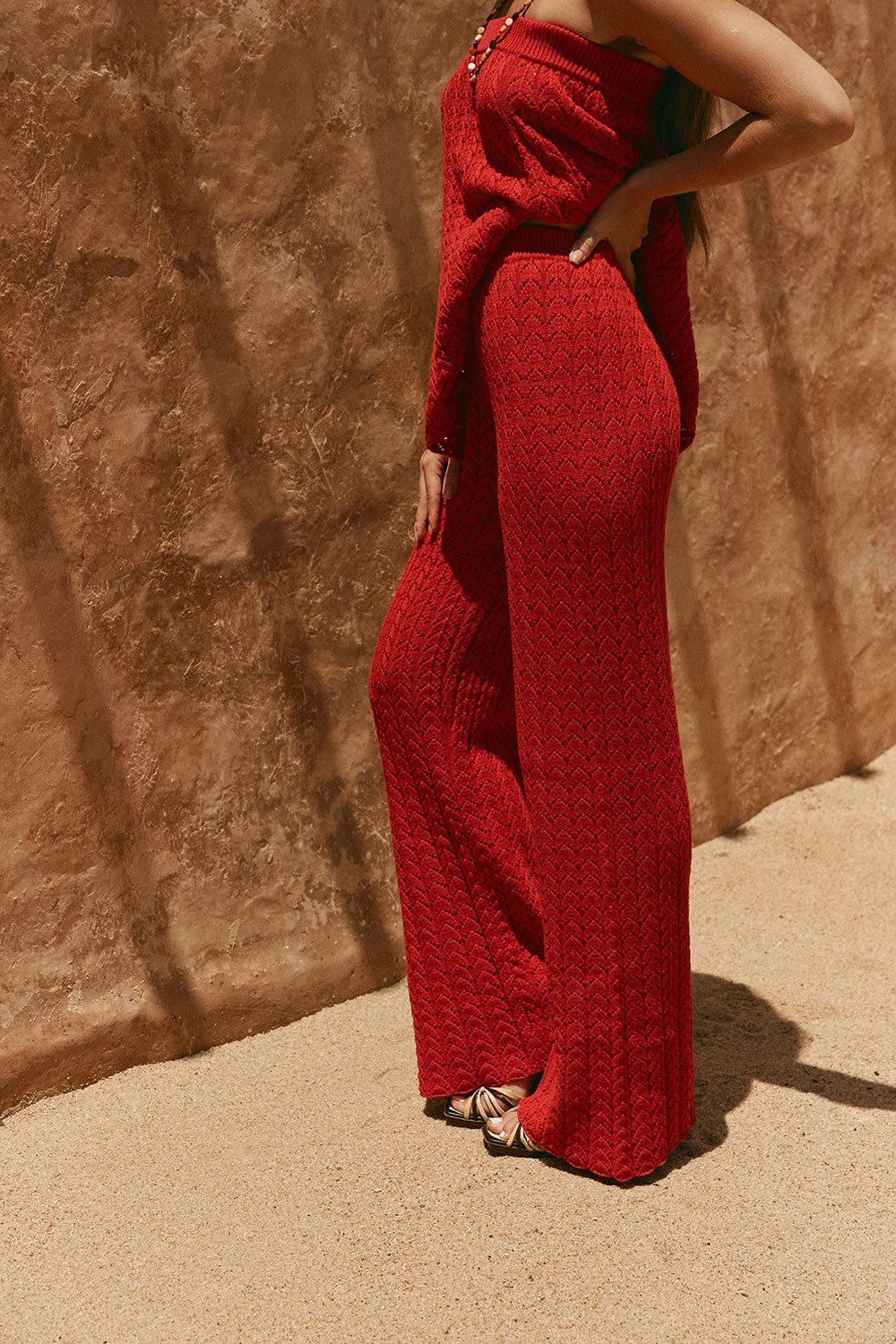 Red Cotton Knit High Waist Athena Pants