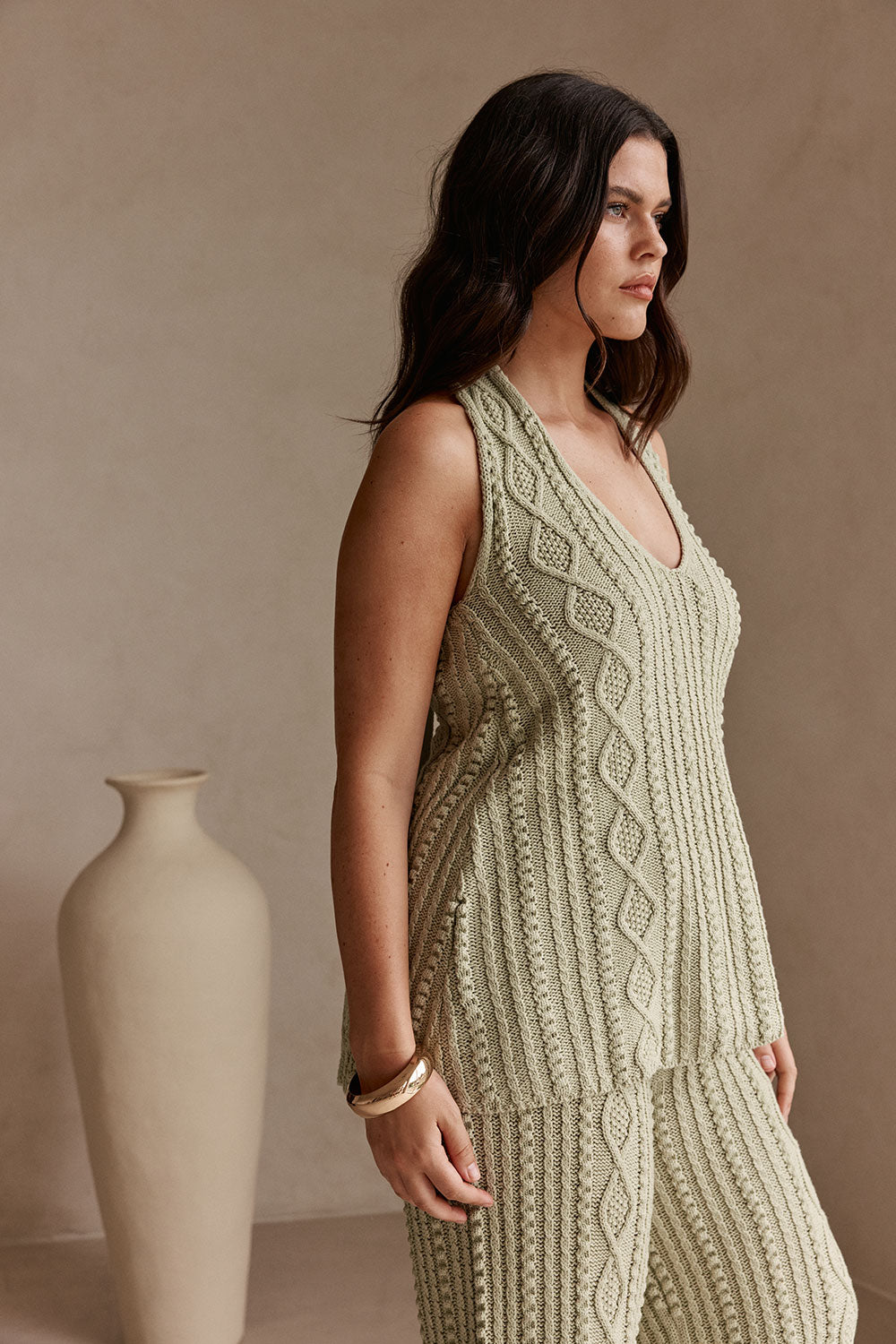 Green Cotton Knit Halter Azari Top