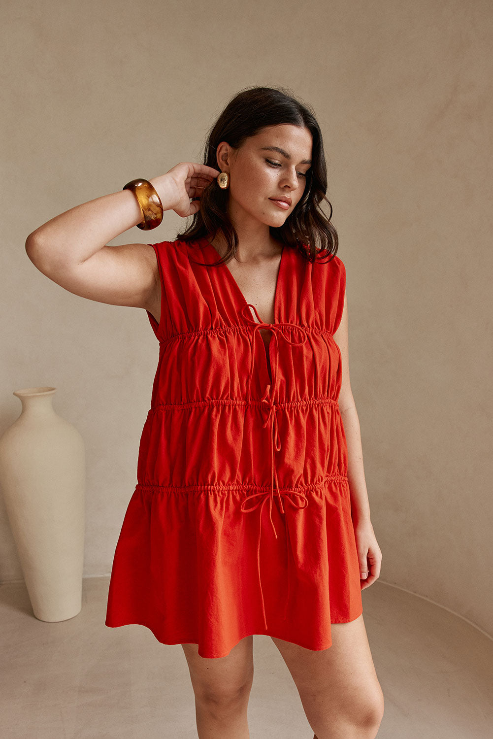 Red Tie Ruched Mini Joslin Dress