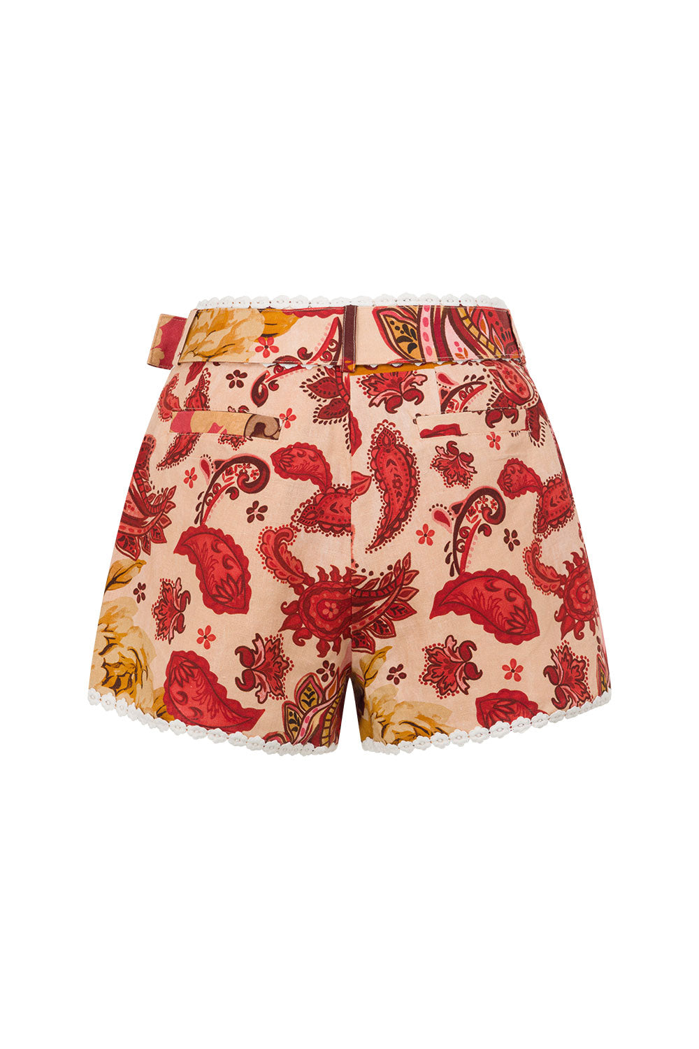 Red Floral Barocca Print Belt Bia Shorts