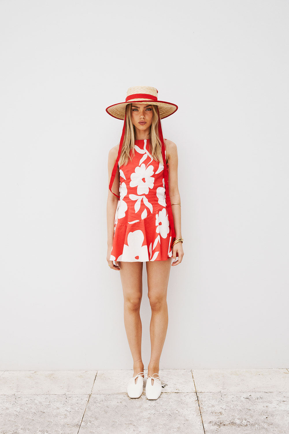 Red Sweet Caroline White Floral Side Tie Mini Mariana Dress