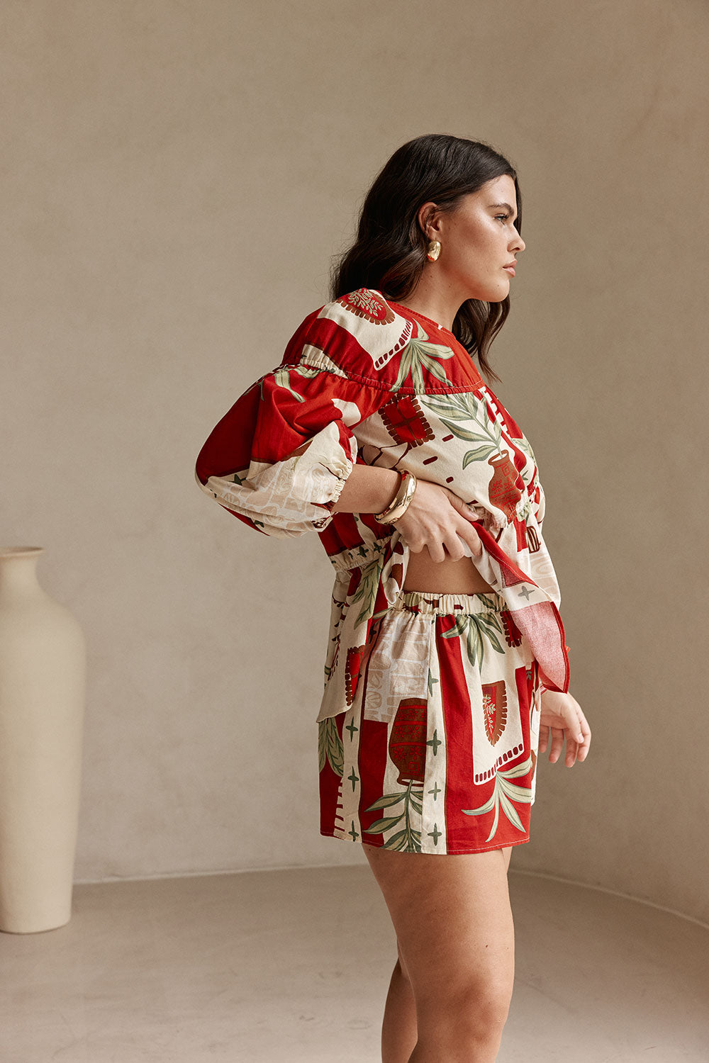 Red Palma Vista Print Long Sleeve Ruched Belinda Top