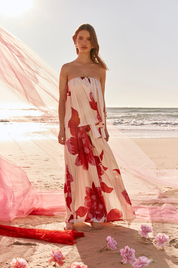 Pink Sole Rosa Print Strapless Pleated Antalya Top