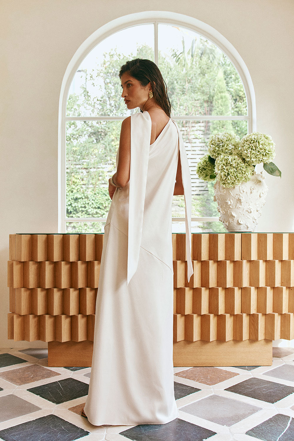 Champagne Scarf Asymmetrical Split Maxi Elise Dress
