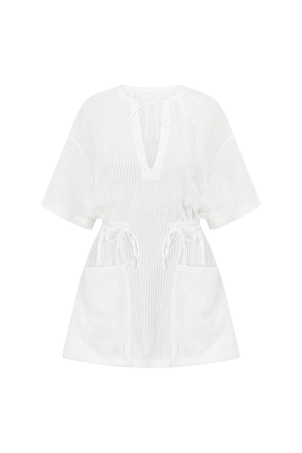 White V Neck Ruched Tie Mini Chiva Dress