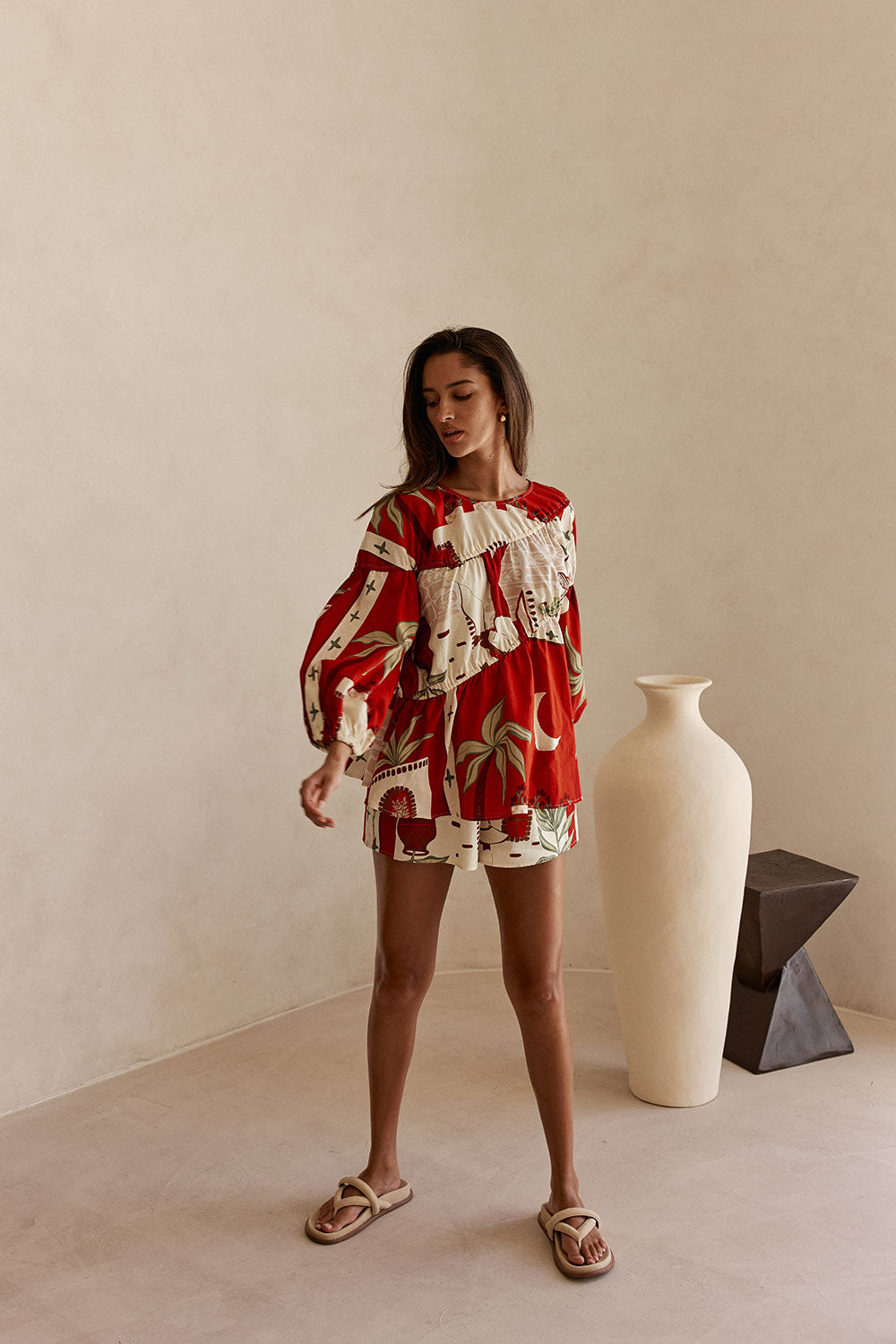 Red Palma Vista Print Long Sleeve Ruched Belinda Top