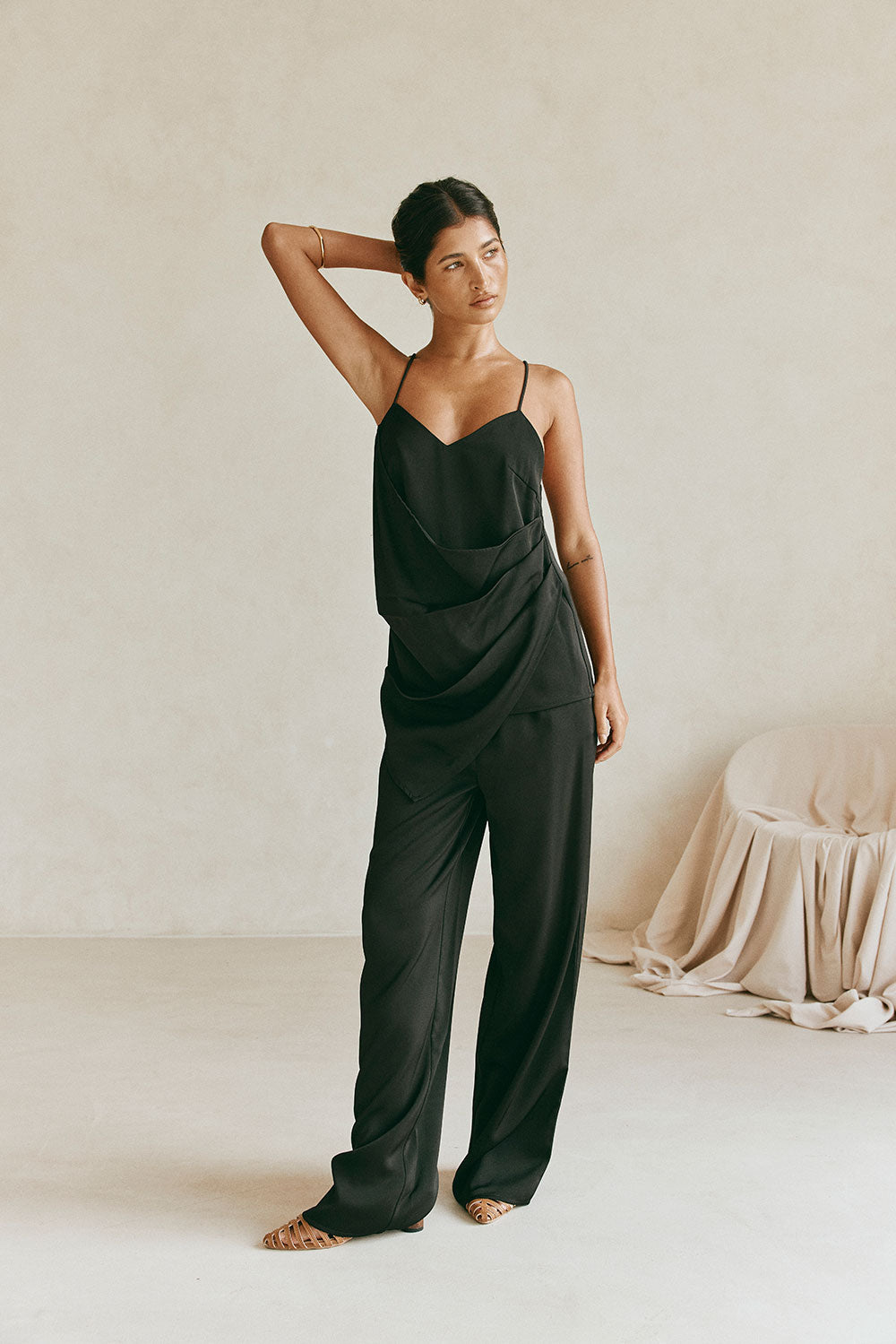 Black Strappy Plunge V Neck Asymmetric Zarah Top