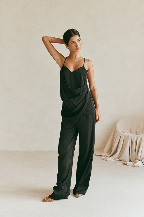 Black Strappy Plunge V Neck Asymmetric Zarah Top