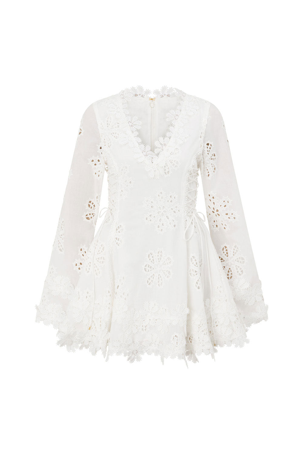 Simona Long Sleeve Embroidered Front Tie Mini Dress - Stella Marina Print - White