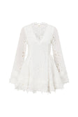 Simona Long Sleeve Embroidered Front Tie Mini Dress - Stella Marina Print - White