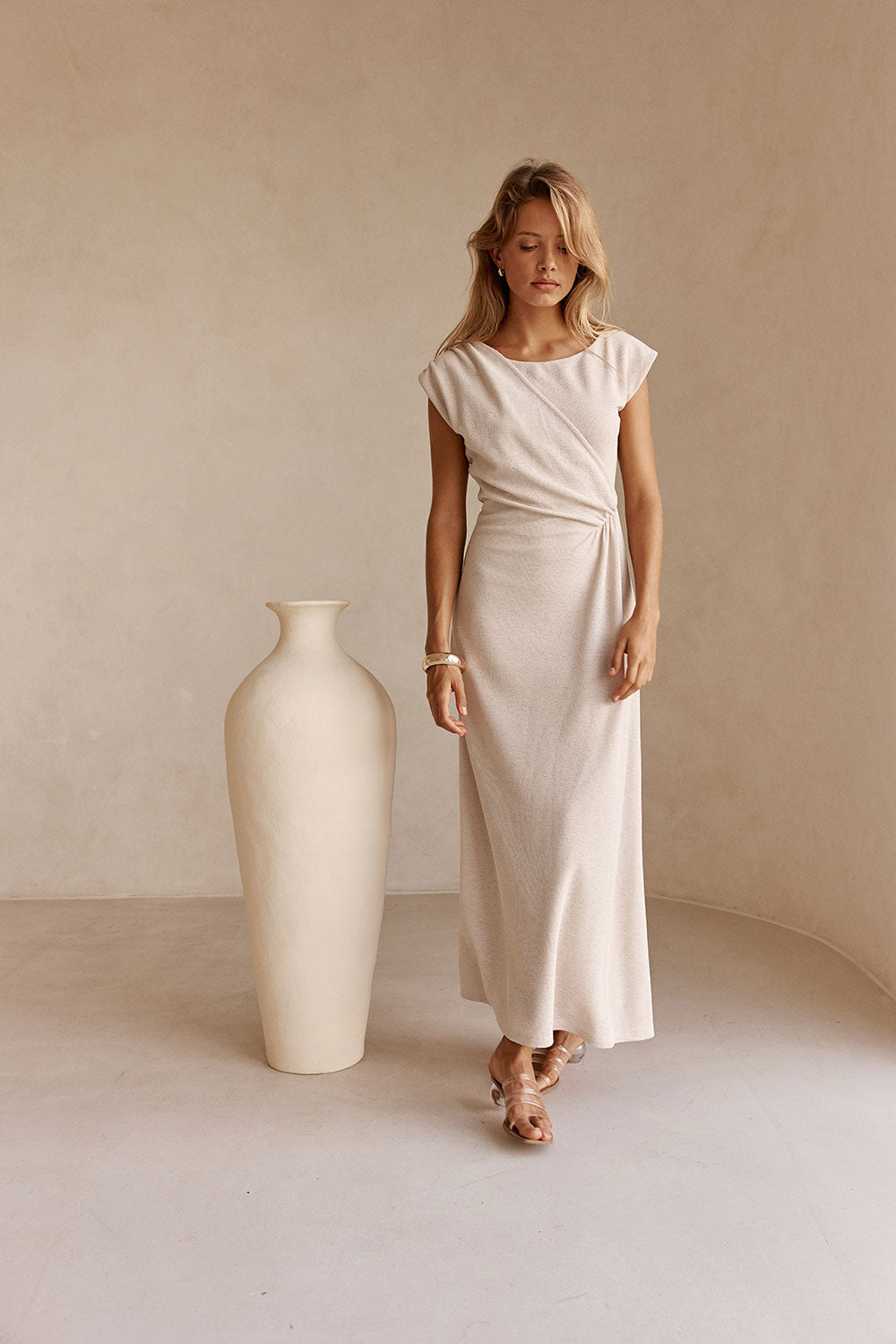 Beige Off Shoulder Ruched Maxi Juno Dress