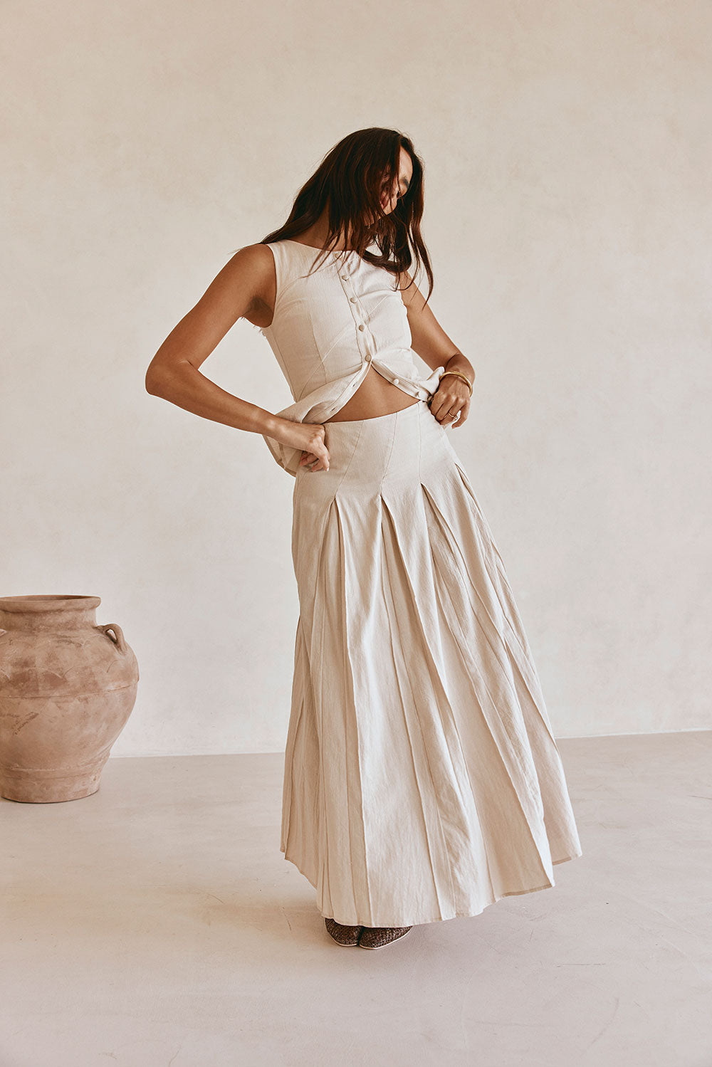 Beige Cotton A Line Pleated Maxi Adri Skirt