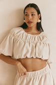Beige Ruched Puff Sleeve Astra Crop Top