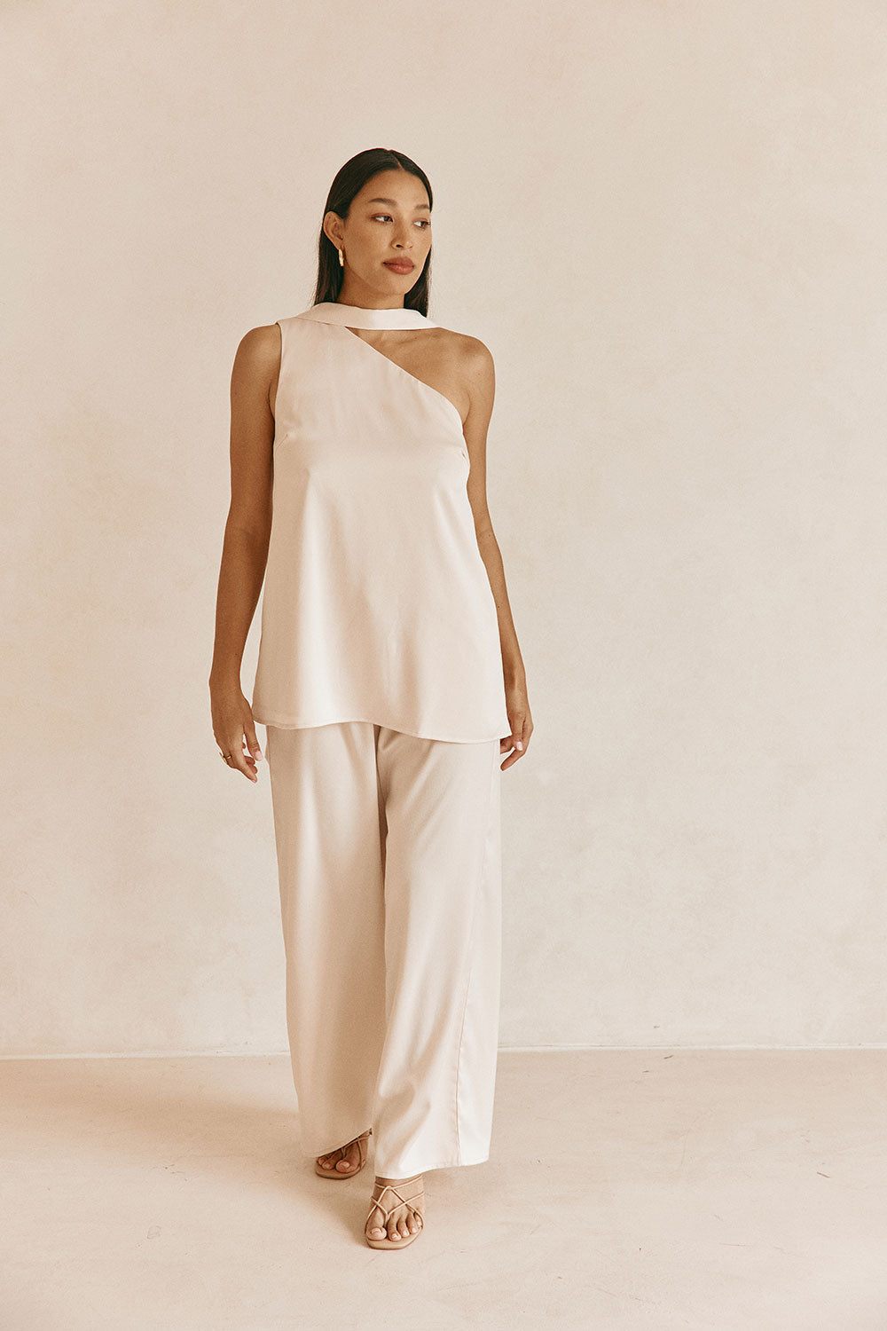 Beige Silky Asymmetric Scarf Koda Top