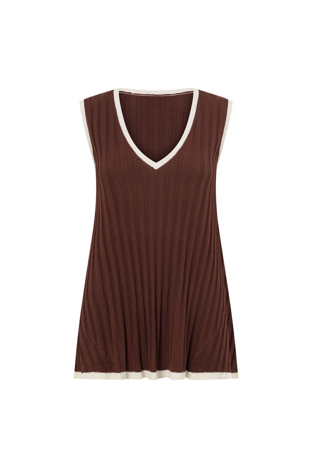 Chocolate Brown Ribbed V Neck Silla Top
