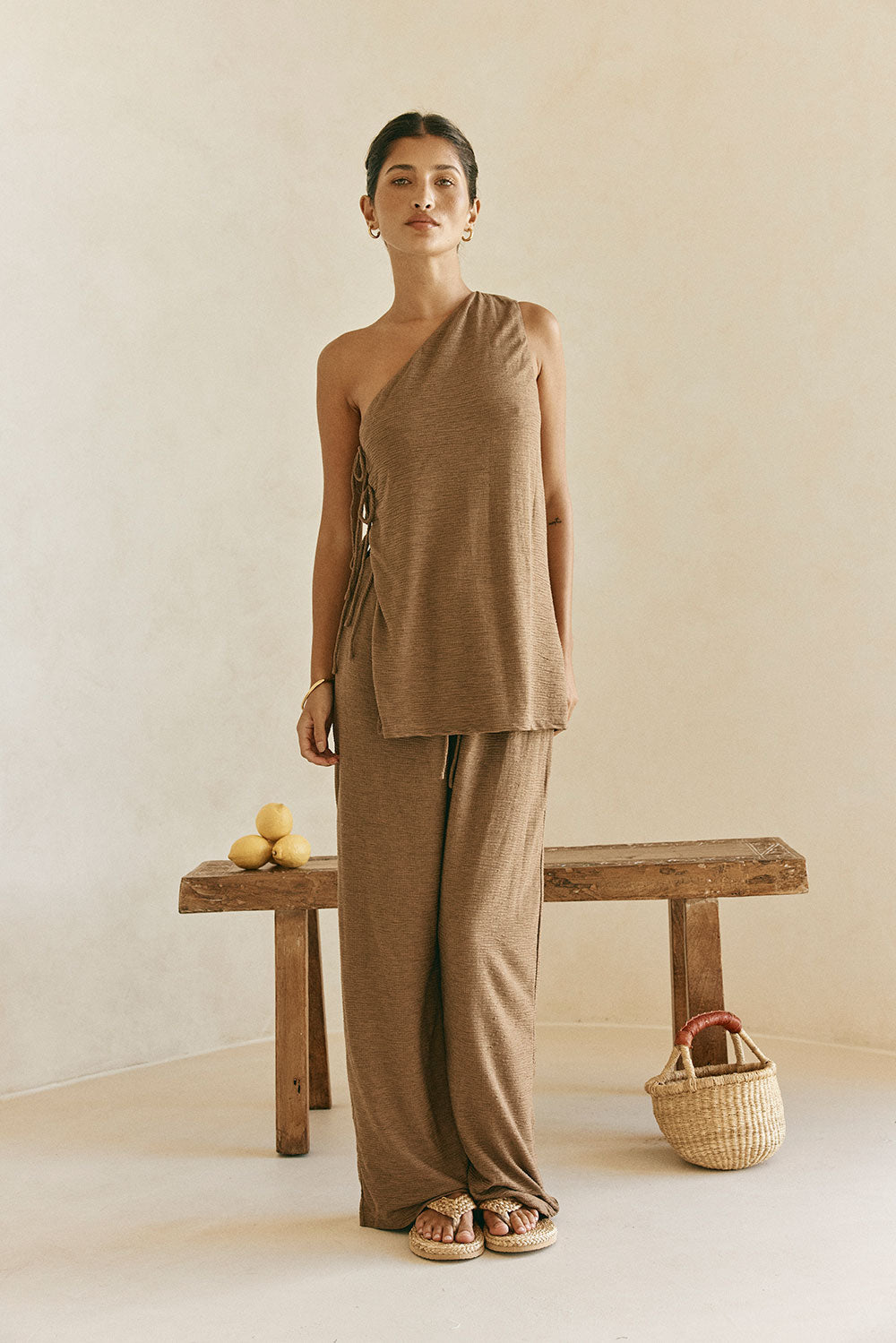 Chocolate Brown One Shoulder Side Tie Zen Top