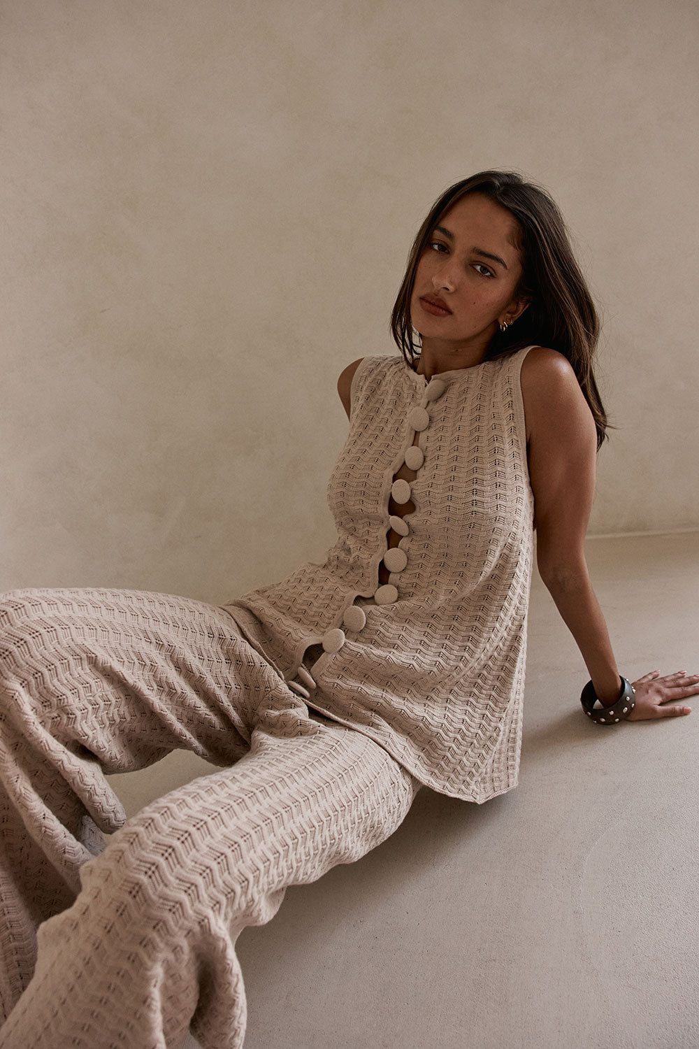 Beige Cotton Knit High Waist Lilah Pants