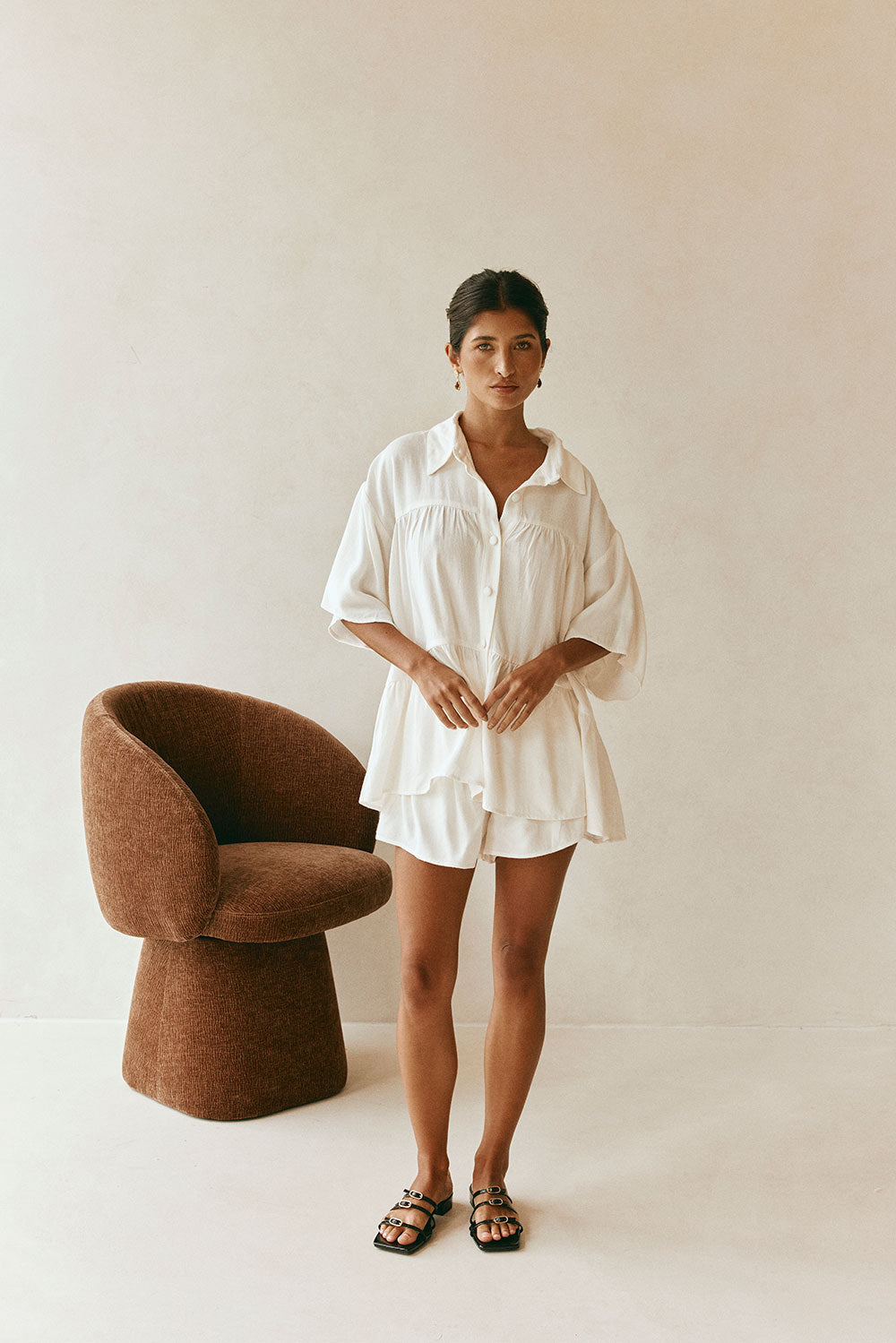 White Short Sleeve Button Up Collar Luna Top