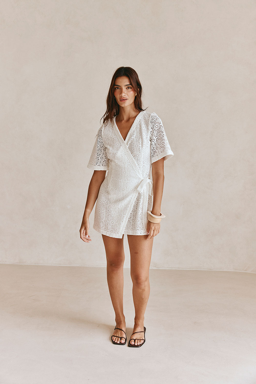 White Short Sleeve Wrap Mini Eliza Dress