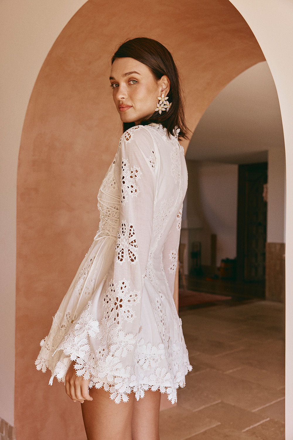 Simona Long Sleeve Embroidered Front Tie Mini Dress - Stella Marina Print - White