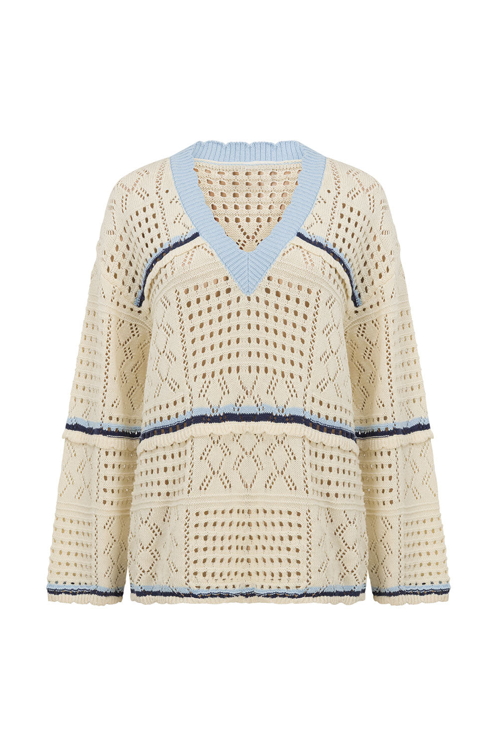 Cream Cotton Crochet Knit Long Sleeve Boxy Balia Top
