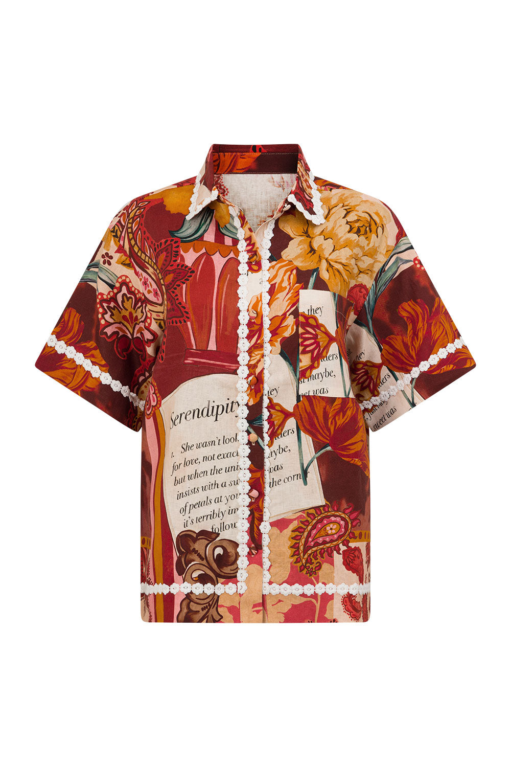 Red Floral Barocca Print Button Up Bia Shirt