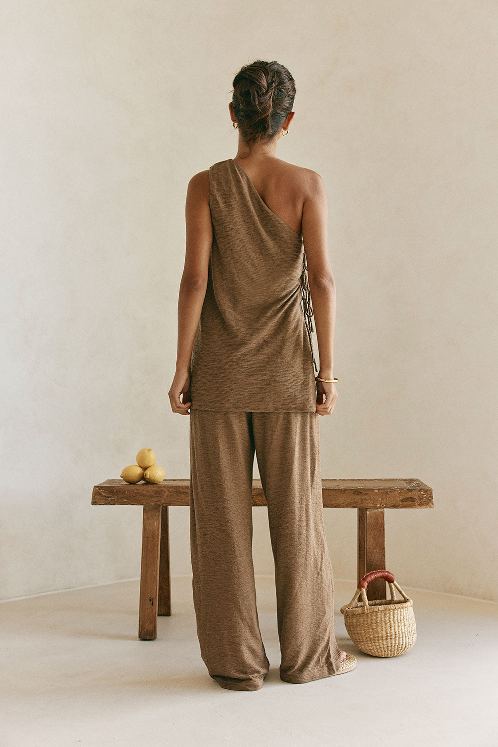 Chocolate Brown One Shoulder Side Tie Zen Top