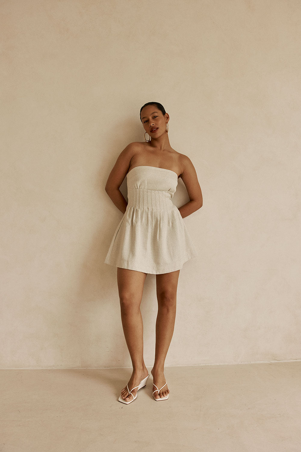 Beige Strapless Pin Tick Mini Tabi Dress