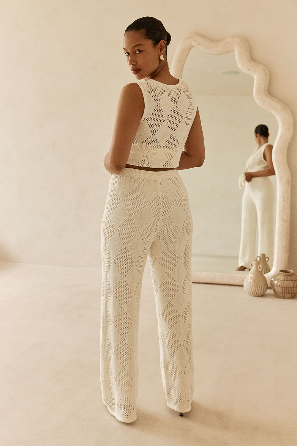 Cream Knit Elastic High Waist Blanca Pants