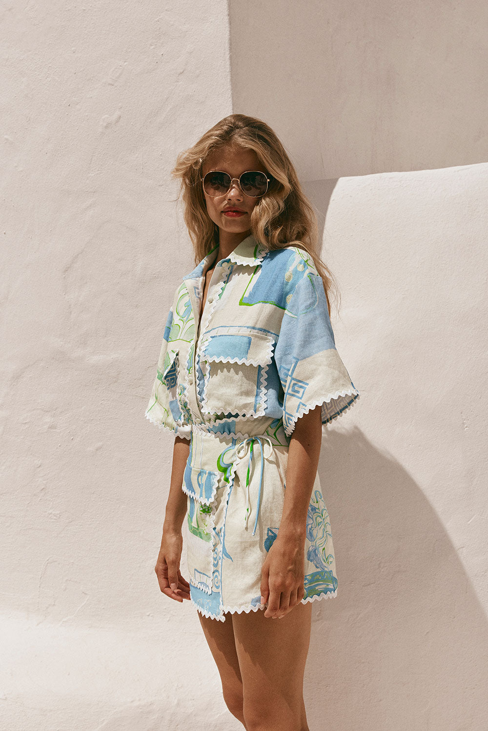 Diaz Mini Wrap Skirt - Theotokos Ocean Blue White Green