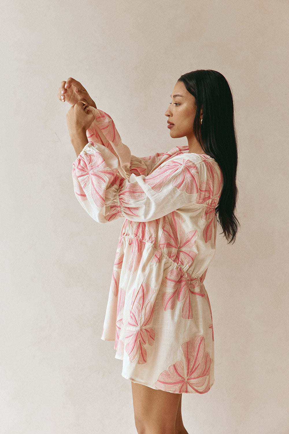 Pink Spring Floral Print Boxy Gathered Mini Naloo Dress