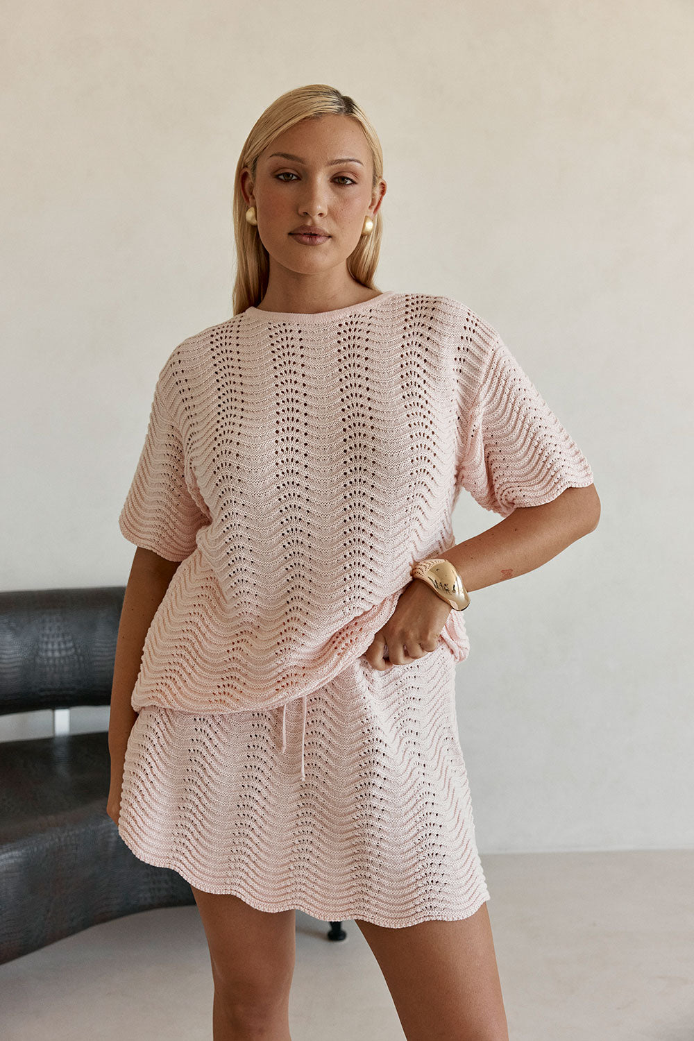 Blush Pink Wave Knit Short Sleeve Leah T Shirt Top