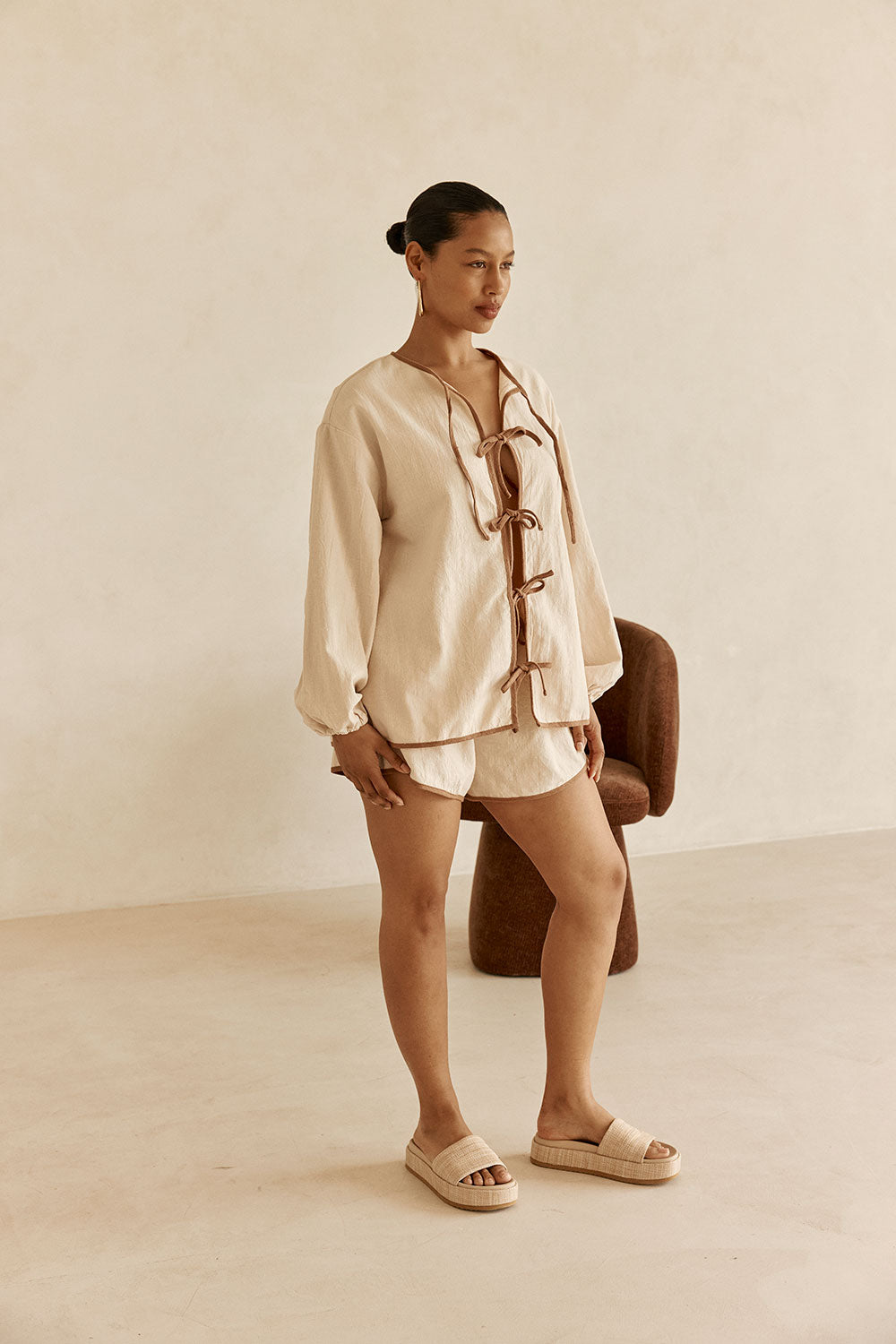 Beige Puff Sleeve Front Tie Paloma Top
