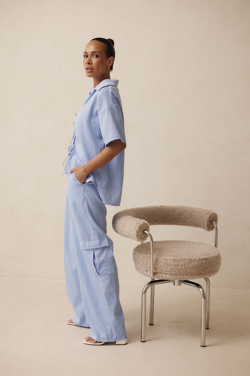 Blue High Waist Drawstring Pocket Brielle Pants