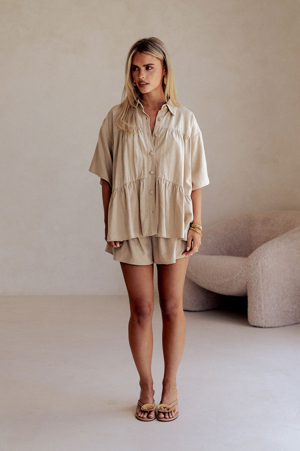 Beige High Waist Gathered Flounce Panel Luna Shorts