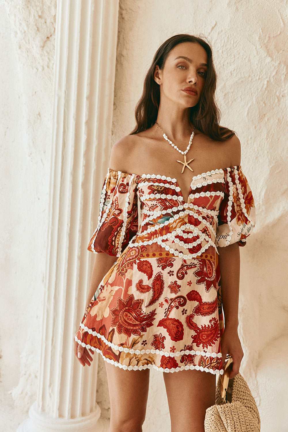 Red Floral Barocca Print Off Shoulder Mini Issa Dress