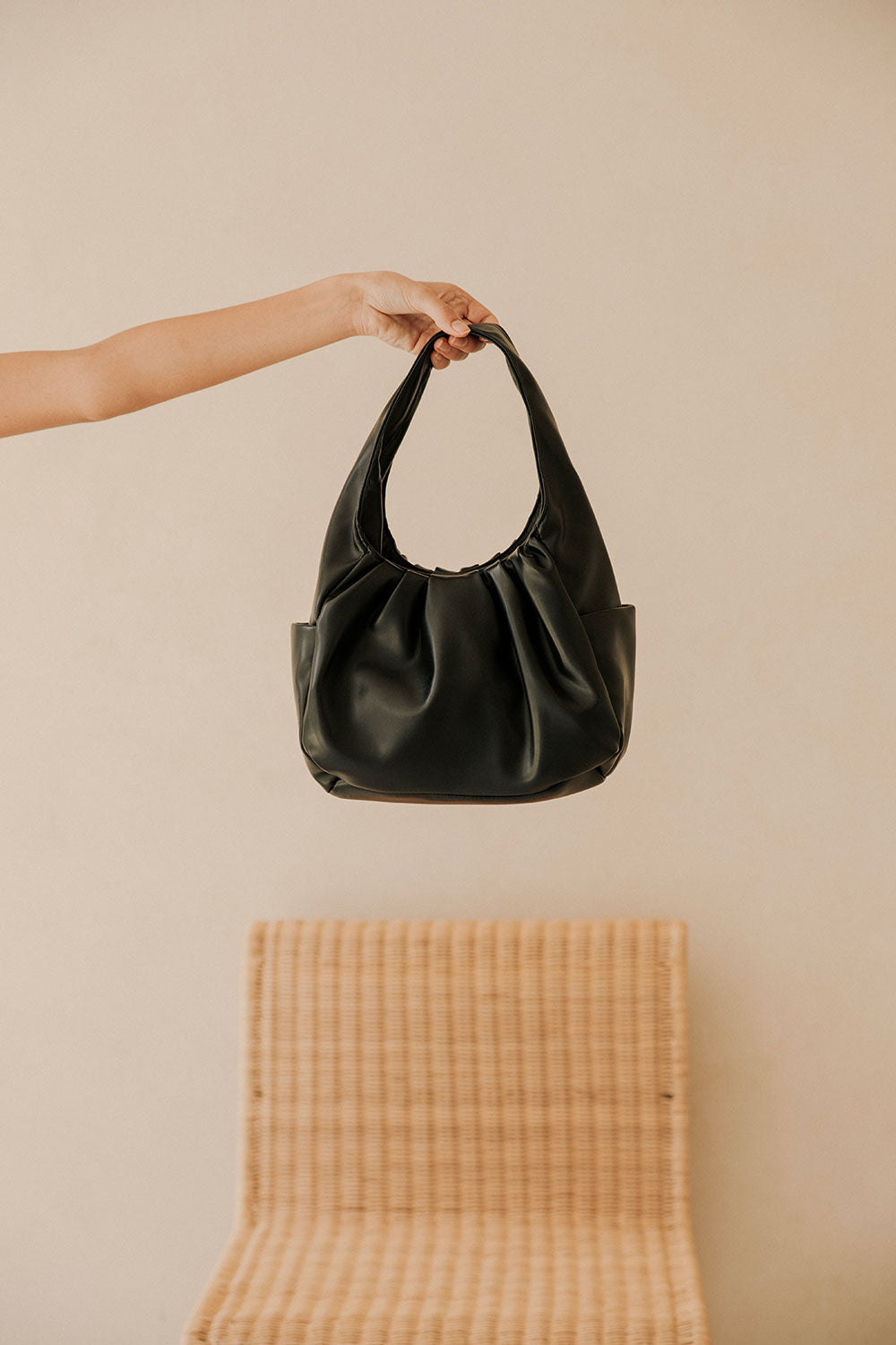 Black Vegan Leathered Gathered Pocket Eden Ave Bag