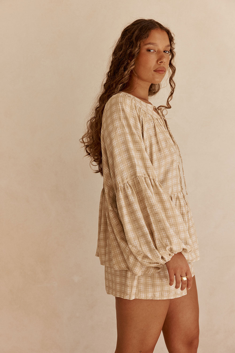 Khaki Gingham Flouncy Puff Sleeve Rylia Top