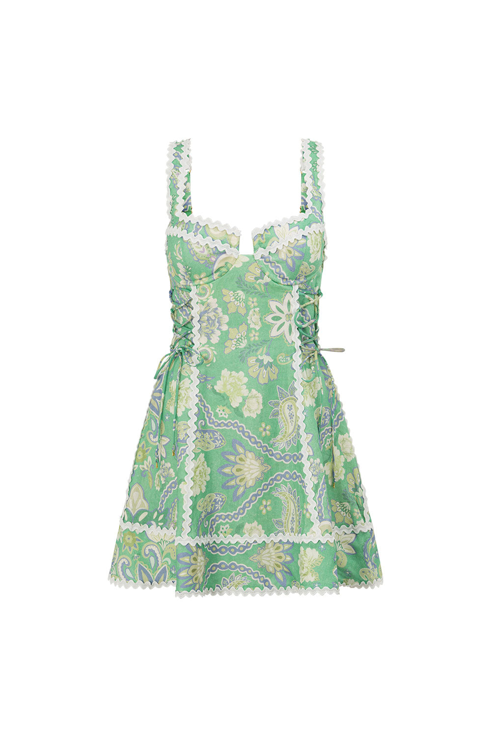 Green Floral Heritage Print Lace Up Mini Emilia Dress