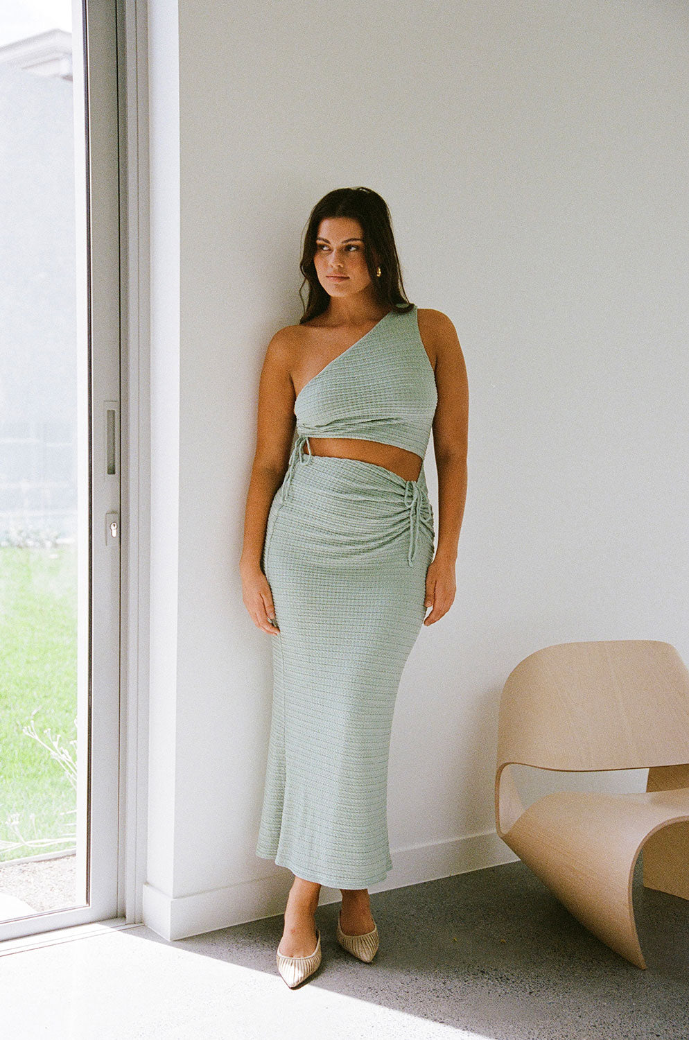 Sage Green One Shoulder Midi Azaria Dress