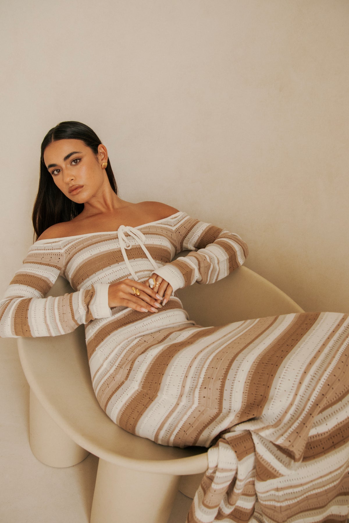 Tameeka Knit Maxi Dress - Stripe White Brown Grey