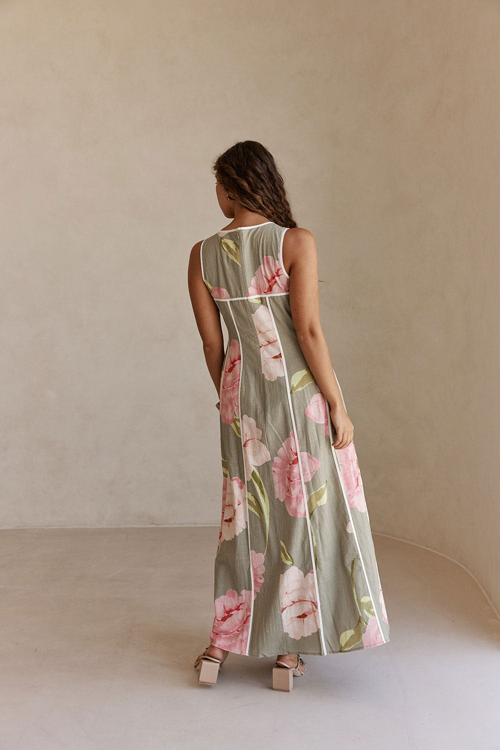 Fiori Green Floral Print V Neck Maxi Emory Dress