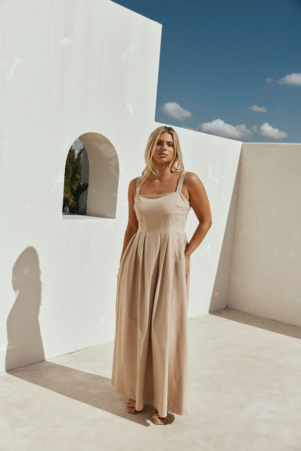 Toffee Pleated Full Maxi Flore Dress