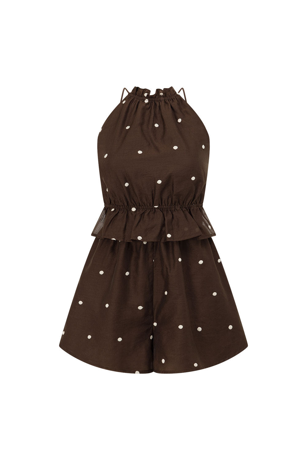 Chocolate Speck Polka Dot Halter Backless Adira Playsuit