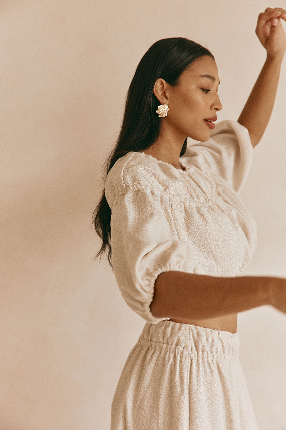 Beige Ruched Puff Sleeve Astra Crop Top