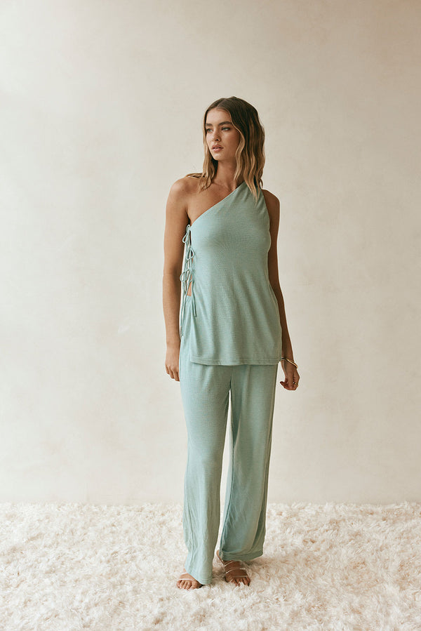 Sage Green One-Shoulder Side Tie Zen Top