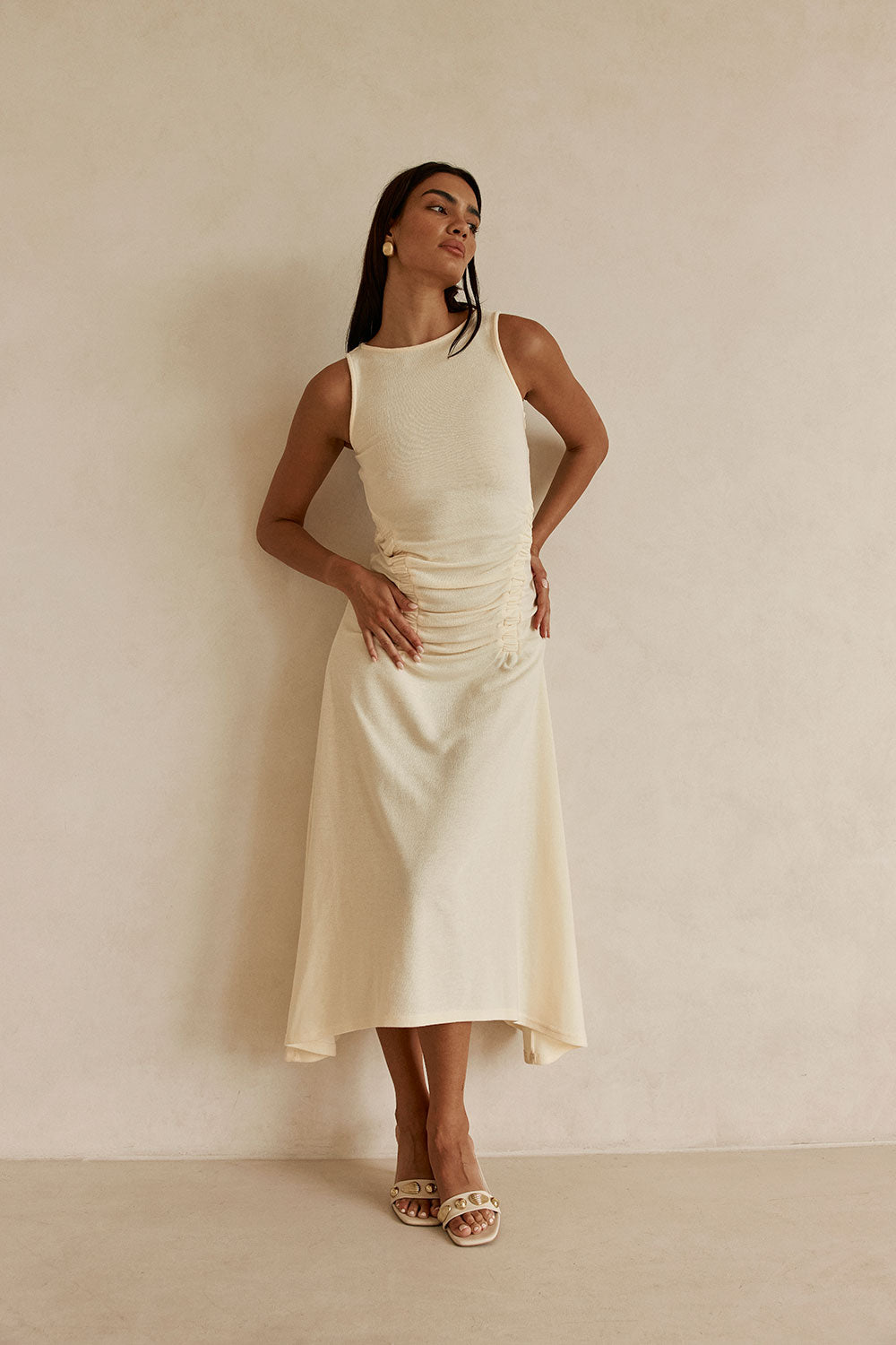 Cream Ruched Maxi Ema Dress