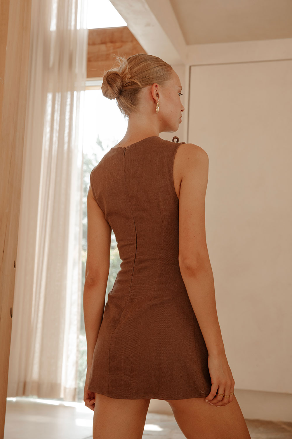 Chocolate Brown Denim A-Line Bow Mini Kapri Dress
