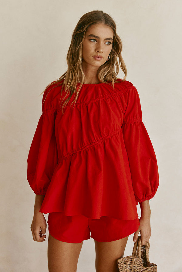 Cherry Red Long Sleeve Panelled Flounce Akel Top