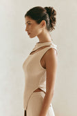 Tan Knit Asymmetric Cutout Side Split Indie Top